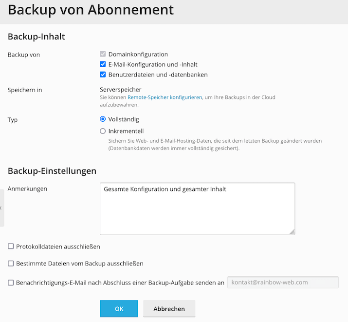 Backup-Inhalte auswählen