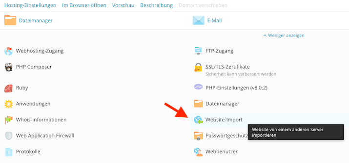 Webseiten-Import starten